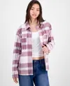Just Polly Juniors' Plaid Button-front Shacket In Purple