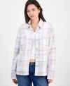 Just Polly Juniors' Plaid Button-front Shacket In Pink