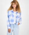 Just Polly Juniors' Plaid Chest-pocket Shacket In Blue