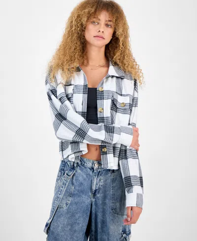 Just Polly Juniors' Plaid Chest-pocket Shacket In Multi