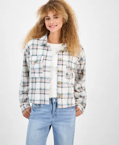 Just Polly Juniors' Plaid Chest-pocket Shacket In Multi