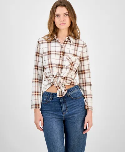 Just Polly Juniors' Plaid Knit Shirt In Multi