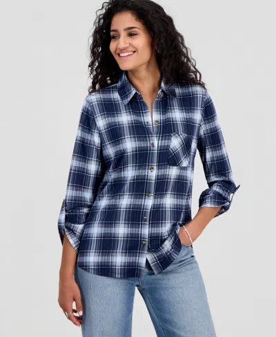 Just Polly Juniors' Plaid Knit Shirt In Blue