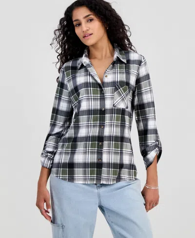 Just Polly Juniors' Plaid Knit Shirt In Blue