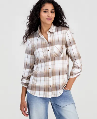 Just Polly Juniors' Plaid Knit Shirt In Multi