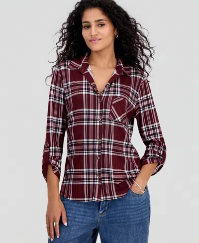 Just Polly Juniors' Plaid Knit Shirt In Red