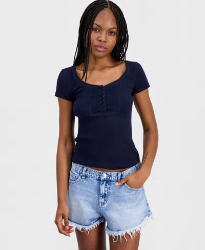 Just Polly Juniors' Ribbed Lace-yoke Top In Blue