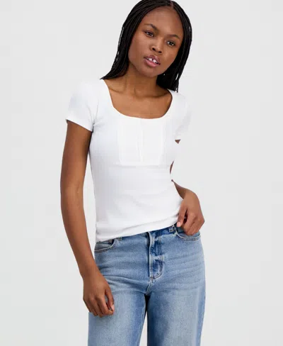 Just Polly Juniors' Ribbed Lace-yoke Top In White
