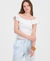 Just Polly Juniors' Ruffled Smocked Scoop-neck Top In White