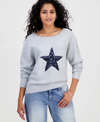 Just Polly Juniors' Sequin Star Slouchy Sweater In Heather Grey Star