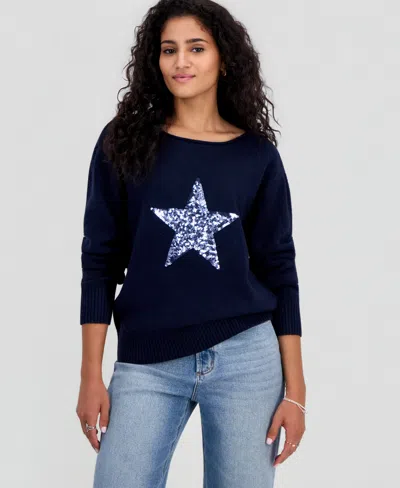 Just Polly Juniors' Sequin Star Slouchy Sweater In Navy Star