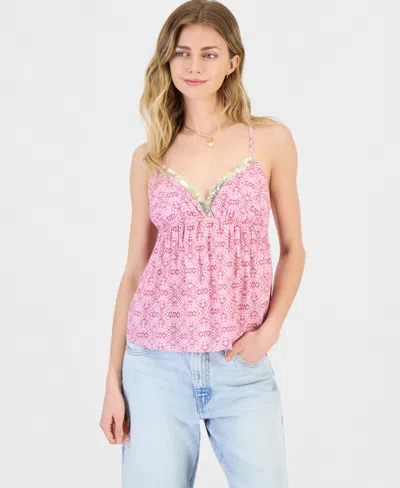 Just Polly Juniors' Sequin-trim Printed Babydoll Tank In Pink