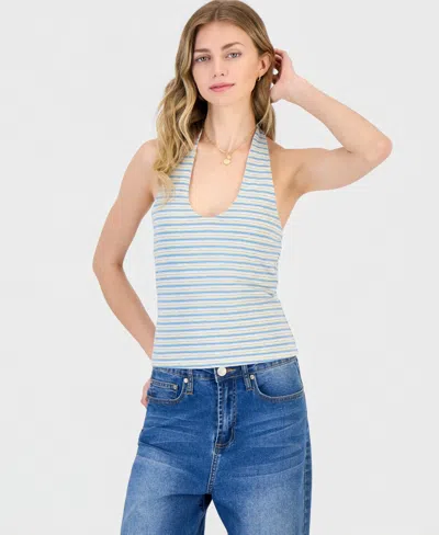 Just Polly Juniors' Striped Knit Halter Top In Heather Grey