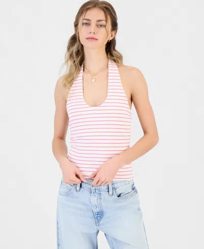 Just Polly Juniors' Striped Knit Halter Top In Pink