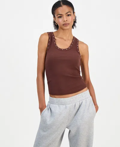 Just Polly Juniors' Studded Racerback Tank Top In Brown