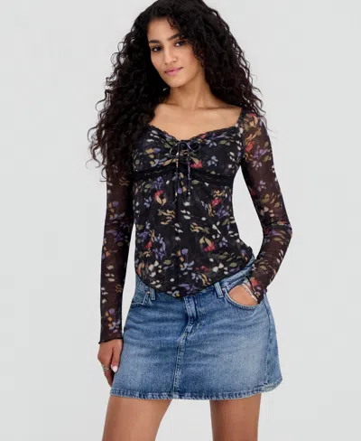 Just Polly Juniors' Sweetheart-neck Long-sleeve Mesh Top In Black