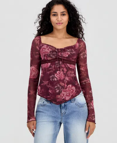 Just Polly Juniors' Sweetheart-neck Long-sleeve Mesh Top In Mauve Wine