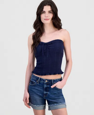 Just Polly Juniors' Sweetheart-neck Strapless Jacquard Tube Top In Blue