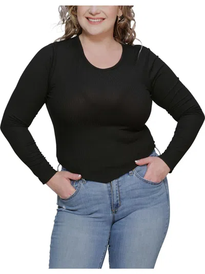 Just Polly Juniors Womens Crewneck Ribbed Pullover Top In Black