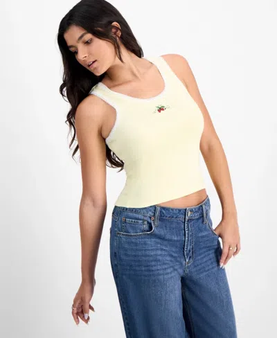 Just Polly Tank Top Women's Ivory Stretch Lace Trim Scoop Neck Crop Pall32 In White