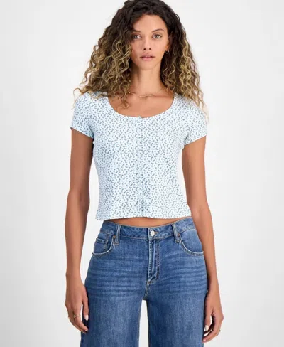 Just Polly Top Women's Ivory Blue Ditsy Floral Stretch Cropped Pall150 In White