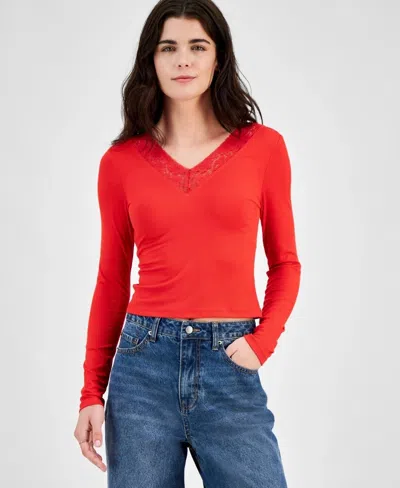 Just Polly Top Women's Red Stretch Lace Trim V-neck Long Sleeve Pall249