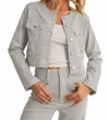 Just Usa Colleen Stripe Collarless Denim Jacket In Blue In Gray
