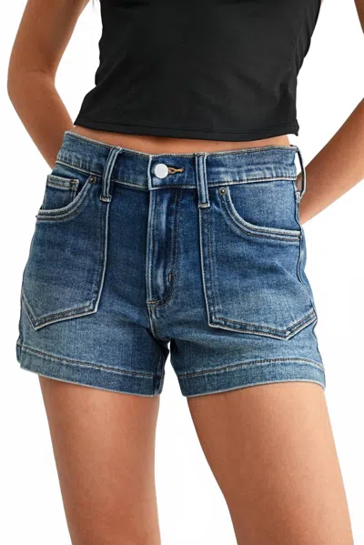 Just Usa Sierra Mid-rise Western Pocket Shorts In Denim In Blue