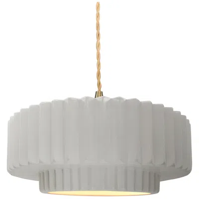 Justice Design 14.5"w Bisque Frame Brushed Brass Tier Pleated Beige Twisted Led Penda