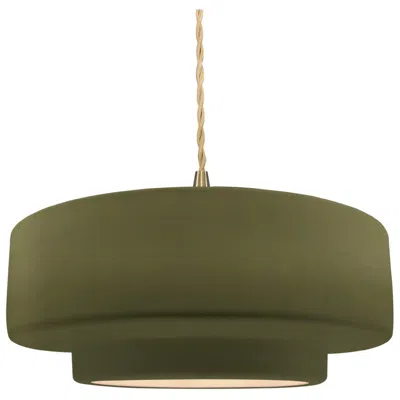 Justice Design 14.5"w Matte Green Frame Brushed Brass Tier Beige Twisted Led Pendant