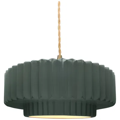 Justice Design 14.5"w Pewter Green Frame Brushed Brass Tier Pleated Twisted Led Penda