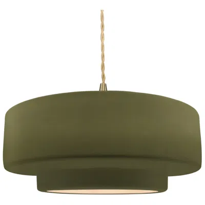 Justice Design 16.25"w Matte Green Frame Brushed Brass Large Tier Twisted Led Pendant
