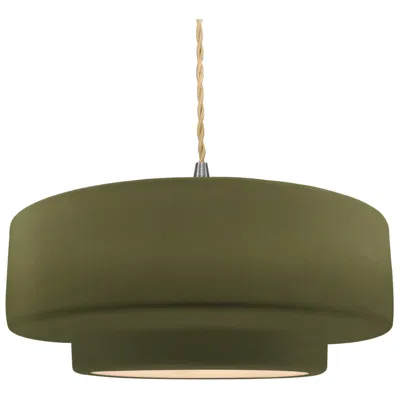 Justice Design 16.25"w Matte Green Frame Nickel Large Tier Beige Twisted Led Pendant
