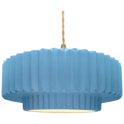 Justice Design 16.25"w Sky Blue Frame Brushed Brass Large Tier Pleated Twisted Led Pe