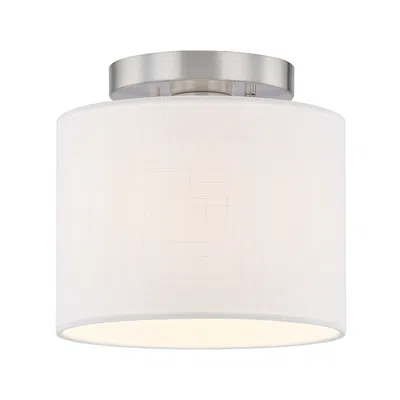 Justice Design Textile 8"w Open Bottom Drum Brushed Nickel Semi-flush W/ White Shade