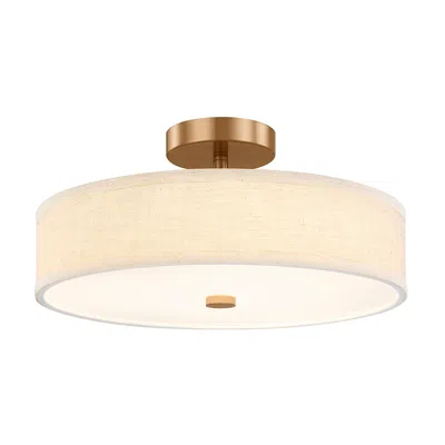 Justice Design Textile Genova 18" Wide Brushed Brass, Cream Linen Led Semi-flush