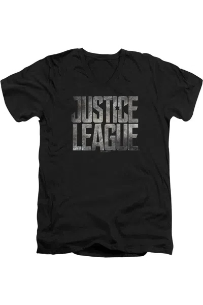 Justice League Movie Metal Logo Short Sleeve Adult V Neck Premium Cotton Tee / T-shirt In Black