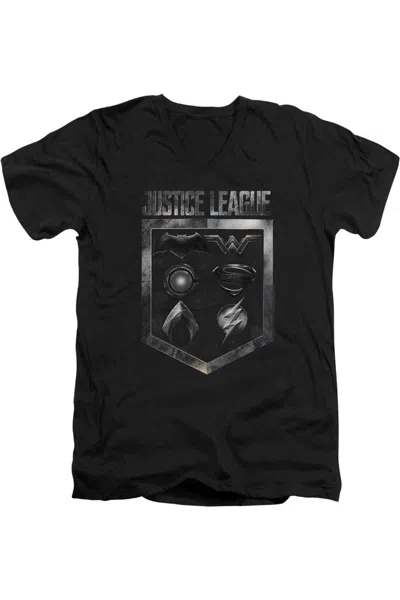 Justice League Movie Shield Of Emblems Short Sleeve Adult V Neck Premium Cotton Tee / T-shirt In Black