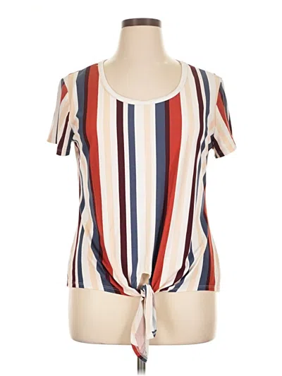 Pre-owned Justify Short Sleeve Top Ivory Stripes Pattern Scoop Neck Tops In White