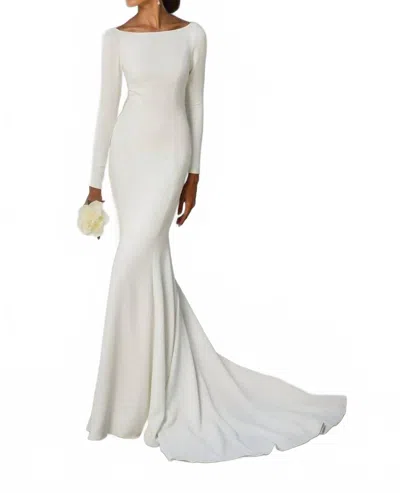 Justin Alexander Crepe Long Sleeve Wedding Dress With Beaded Illusion Back In Ivory In Multi