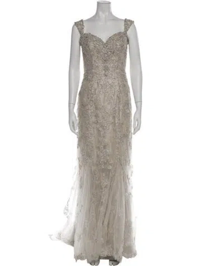 Pre-owned Justin Alexander Lace Pattern Long Dress In Metallic/neutrals