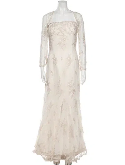Pre-owned Justin Alexander Lace Pattern Long Dress In Neutral