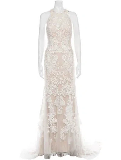 Pre-owned Justin Alexander Lace Pattern Long Dress In Neutral