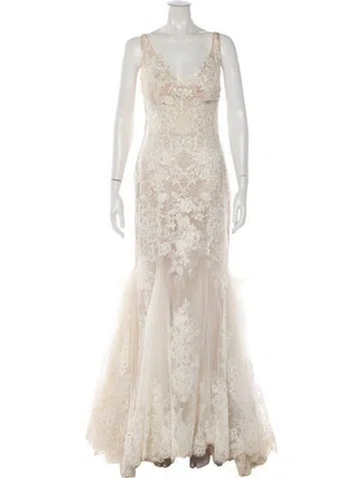 Pre-owned Justin Alexander Lace Pattern Long Dress In Neutral