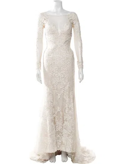 Pre-owned Justin Alexander Lace Pattern Long Dress In Neutrals