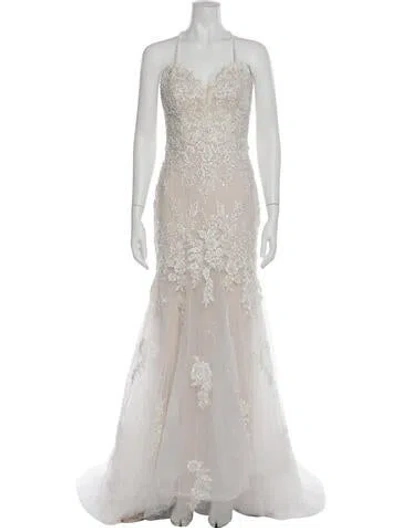 Pre-owned Justin Alexander Lace Pattern Long Dress In White