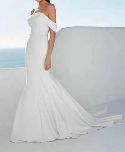 Justin Alexander Stretch Crepe Fit And Flare Dress With Draped Off The Shoulder Neckline In Ivory In Multi