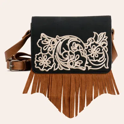 Justin Black Floral Embroidered Fringe Small Crossbody Bag