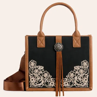 Justin Black Floral Embroidered Fringe Small Crossbody Tote Bag