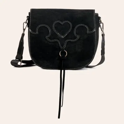 Justin Black Suede Heart Stitched Crossbody Saddle Bag
